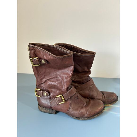 Steve Madden Engage leather moto style boots size 8.5 distressed brown buckles - Picture 2 of 8